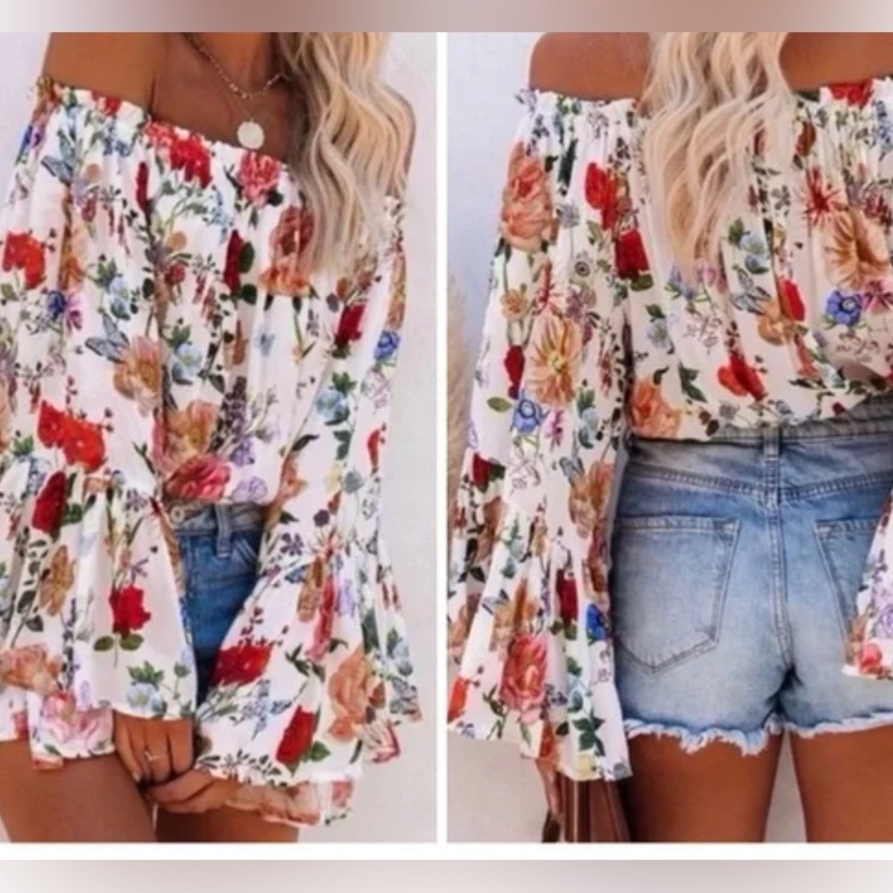 Vici Multicolor Floral Off-Shoulder Bell/Ruffle Sleeved Flower Power Top (L)